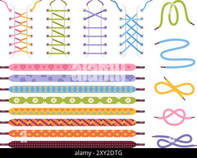 Colorful shoelaces. Shoe lace footwear string tying, foot wear laces knot boot rope tie cord join pull tied shoelace sneaker clothing sport lacing, set swanky vector illustration original artwork Stock Vector