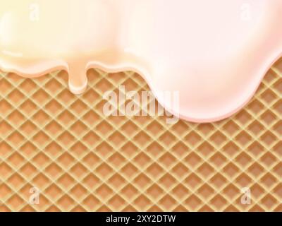 Ice cream waffle texture. Realistic icecream waffles melting frozen milk border, 3d crispy wafer wallpaper ad confectioner melted creme summer sweets, exact vector illustration original artwork Stock Vector