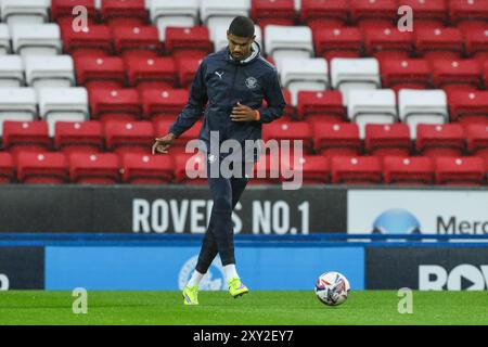 Ashley Fletcher of Blackpool during the pre-game warmup ahead of the Carabao Cup match Blackburn Rovers vs Blackpool at Ewood Park, Blackburn, United Kingdom, 27th August 2024 (Photo by Craig Thomas/News Images) in, on 8/25/2024. (Photo by Craig Thomas/News Images/Sipa USA) Credit: Sipa USA/Alamy Live News Stock Photo