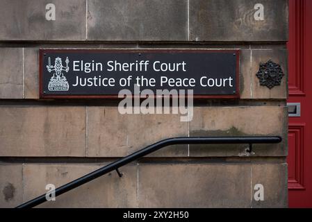 Sign outside Elgin Sheriff Court and Justice of the Peace Court in Elgin, Moray, Scotland, UK. Stock Photo