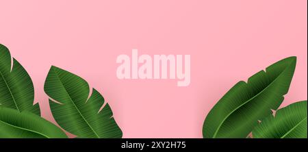 Tropical green leaves on pink background botanical design nature concept Stock Vector
