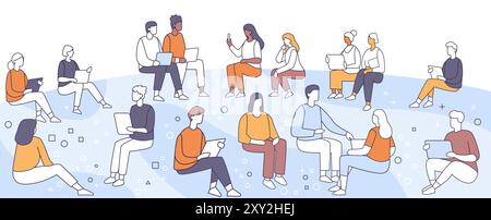 People using laptops and tablets sitting together minimalistic style line art illustration. Group of diverse individuals working on digital devices Stock Vector