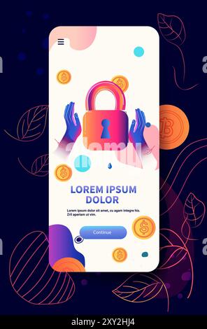 Secure payment concept featuring hands holding a padlock with floating coins and abstract elements on a dark background Stock Vector
