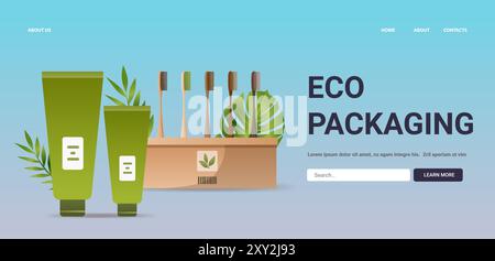 Eco packaging concept with green tubes and bamboo toothbrushes in a box surrounded by leaves on a blue gradient background website design Stock Vector