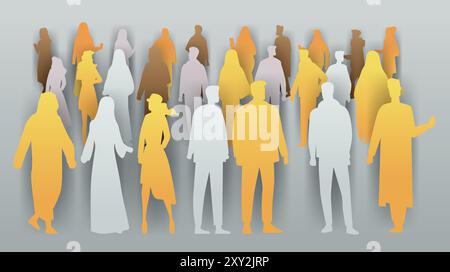 Diverse group silhouettes people paper cut style social diversity colorful figures grey background Stock Vector