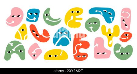 Set of Various bright Doodle shapes with face emotions Stock Vector