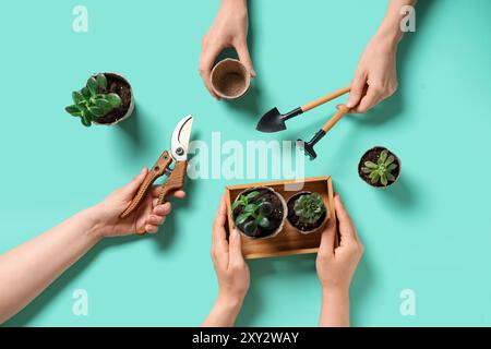 Female hand with plants and gardening tools on turquoise background. Top view Stock Photo