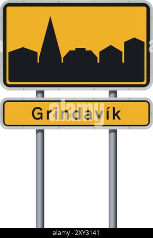 Vector illustration of the town of Grindavik (Iceland) entrance yellow road sign on metallic poles Stock Vector