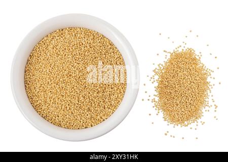 Amaranth grain seeds in ceramic bowl isolated on white background. Top view. Flat lay. Stock Photo