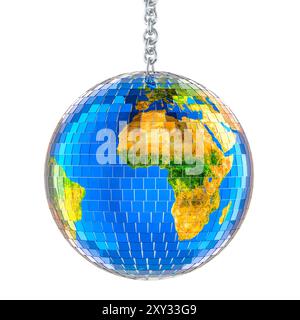 Mirror disco ball with Earth map texture on the chain, 3D rendering isolated on white background Stock Photo