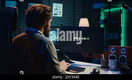 Computer scientist updating artificial intelligence algorithm, making it become sentient. IT specialist programming complex AI, evolving it into superintelligence, camera B Stock Photo