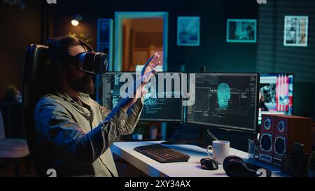 Programmer using VR headset to answer awaken AI gaining consciousness asking existential questions. Developer using virtual reality tech to chat with artificial intelligence, camera B Stock Photo