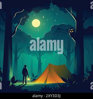 Solo Camping in the forest at night, creepy and horror camp vector illustration Stock Vector
