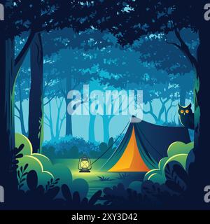 Camping in the forest at night, creepy and horror camp vector illustration Stock Vector