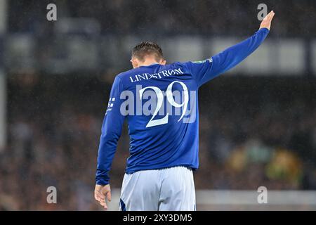 Liverpool, UK. 27th Aug, 2024. Jesper Lindstrøm of Everton apologises during the Carabao Cup match Everton vs Doncaster Rovers at Goodison Park, Liverpool, United Kingdom, 27th August 2024 (Photo by Cody Froggatt/News Images) in Liverpool, United Kingdom on 8/27/2024. (Photo by Cody Froggatt/News Images/Sipa USA) Credit: Sipa USA/Alamy Live News Stock Photo