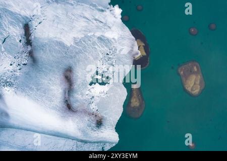 Ice floes and emerald sea water in early spring top aerila view Stock Photo