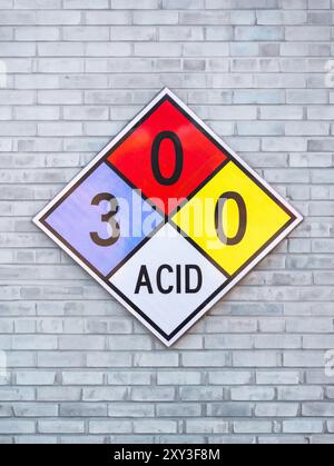 A diamond shaped NFPA panel identifying hazardous chemicals inside fenced in area. Stock Photo