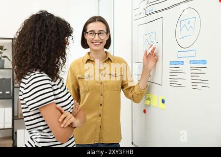 Developing UI design. Women drawing website wireframe on whiteboard indoors Stock Photo