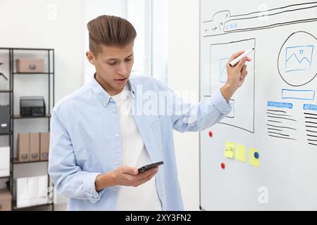 Developing UI design. Man drawing website wireframe on whiteboard indoors Stock Photo