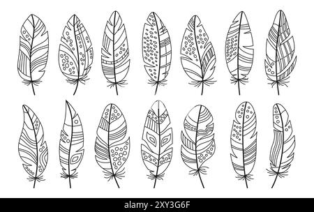 Feather cartoon line set. Doodle stylized bird feathers with ethnic boho folk outline ornamental patterns. Tattoo design decorated birds feathers, abstract naive art. Flat isolated vector illustration Stock Vector