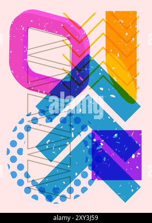 Artistic object in trendy riso graph design. Colorful geometric shapes. Geometry elements abstract risograph print texture style. Stock Vector