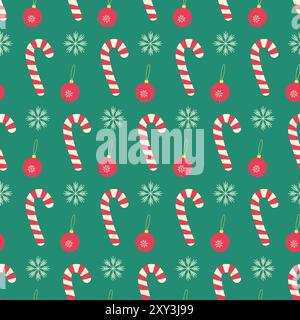 Striped Candy Canes, snowflakes and Christmas tree toys Seamless pattern in trendy New Year shades. Wrapping, wallpaper or web, poster, banner, cards, label, leaflets background Vector illustration  Stock Vector