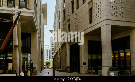 Apartment residential house and home facade architecture and outdoor facilities. Blue sky on the background. Sunlight in sunrise. High quality photo Stock Photo