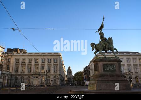 Place Royale with Godfrey of Bouillon Statue and the Palace of Justice in the Background - Brussels, Belgium Stock Photo