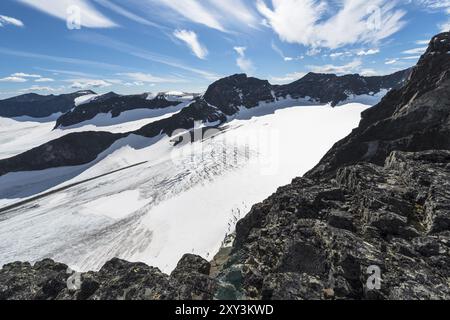 The glaciers Gaskka and Oarjep Sarekjiegna, Sarek National Park, World Heritage Laponia, Norrbotten, Lapland, Sweden, July 2013, Europe Stock Photo