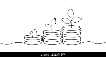 Coins stack with leaves branch continuous one line drawing. Business investing concept. Vector illustration isolated on white Stock Vector