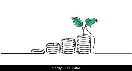 Coins stack with leaves branch continuous one line drawing. Business investing concept. Vector illustration isolated on white Stock Vector