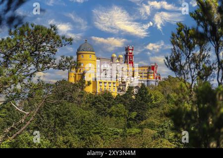 Palace of Pena in Sintra. Lisbon, Portugal. Travel Europe, holidays in Portugal. Panoramic View Of Pena Palace, Sintra, Portugal. Pena National Palace Stock Photo