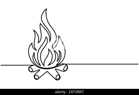 Continuous editable drawing of fire icon. Flame symbol in one line style, Continuous single line sketch drawing of bonfire campfire camping activity. Stock Vector