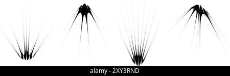 Abstract spiky element set. Thin thorn semicircle shapes and angular sunburst bundle. Futuristic spokes objects for poster, collage, banner, logo, card, icon, label, sticker. Black vector twinkles Stock Vector