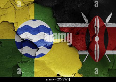 Flags of Nairobi and Kenya painted on cracked wall Stock Photo