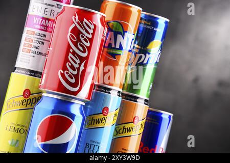 POZNAN, POLAND, AUG 18, 2017: Global soft drink market is dominated by brands of few multinational companies founded in North America. Among them are Stock Photo