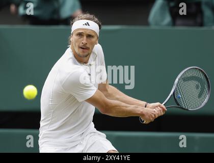 German tennis player Alexander Zverev in action at the 2024 Wimbledon Championships, London, England, United Kingdom, Europe Stock Photo