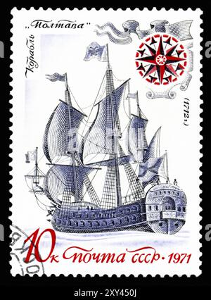 USSR, CIRCA 1971: a stamp printed by USSR, shows known old russian sailing warship an Stock Photo