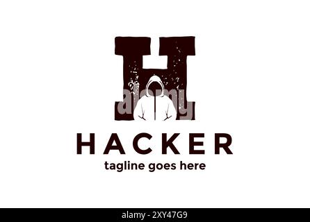 Vintage Initial Letter H with Mysterious Man for Hacker Logo Design Stock Vector