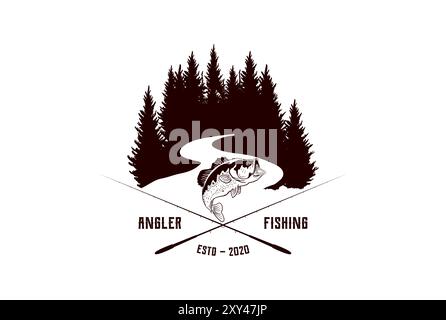 Bass Carp Salmon with Pines Conifer Evergreen Tree for Forest River Creek Angler Fishing Emblem Logo design Stock Vector