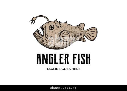Retro Vintage Hand Drawn Sketch Ocean Angler Fish Logo Design Vector Stock Vector
