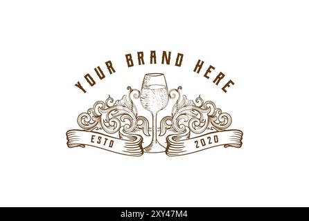 Vintage Retro Hand Drawn Wine Glass with Ornament Border and Ribbon Label Logo Design Vector Stock Vector