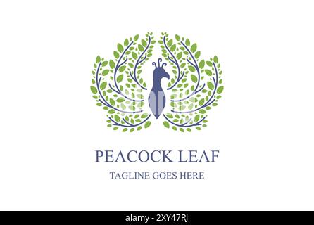 Peacock Peafowl Bird with Fresh Green Leaf Leaves Foliage Logo Design Vector Stock Vector