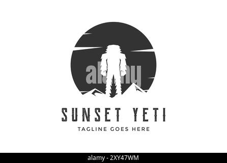 Vintage Sunset Ice Mountain with Standing Yeti Logo Design Stock Vector