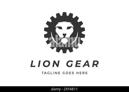 Strong Lion Head Face with Gear Cog Machine for Industrial Logo Design Stock Vector