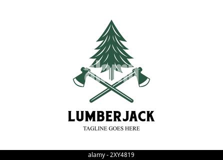 Vintage Pine Evergreen Cedar Conifer Fir Larch Cypress Tree with Crossed Ax Hatchet for Wood Lumberjack or Timber Logo Design Stock Vector