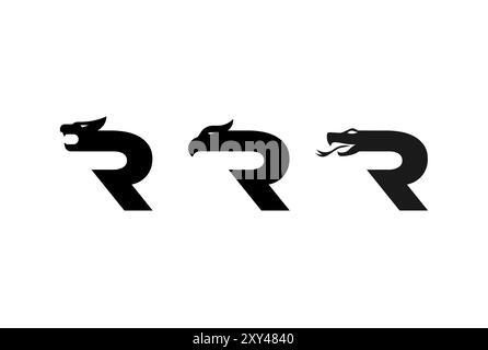 Initial Letter R with Dragon Tiger Lion Raven Eagle Hawk Phoenix Cobra Snake Head Logo Design Vector Stock Vector