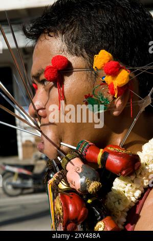 The unique and bizarre Vegetarian festival in Phuket, Thailand. Stock Photo