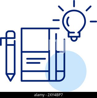 Planner, pencil and glowing light bulb. Agenda with bright ideas and insightful planning. Pixel perfect, editable stroke icon Stock Vector
