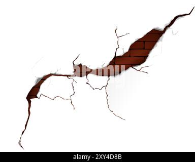 Broken concrete or painted white wall with red brick surface behind hole. Realistic 3d vector illustration of fissure split hole in drought distressed cement surface. Crushed breach with cleft. Stock Vector